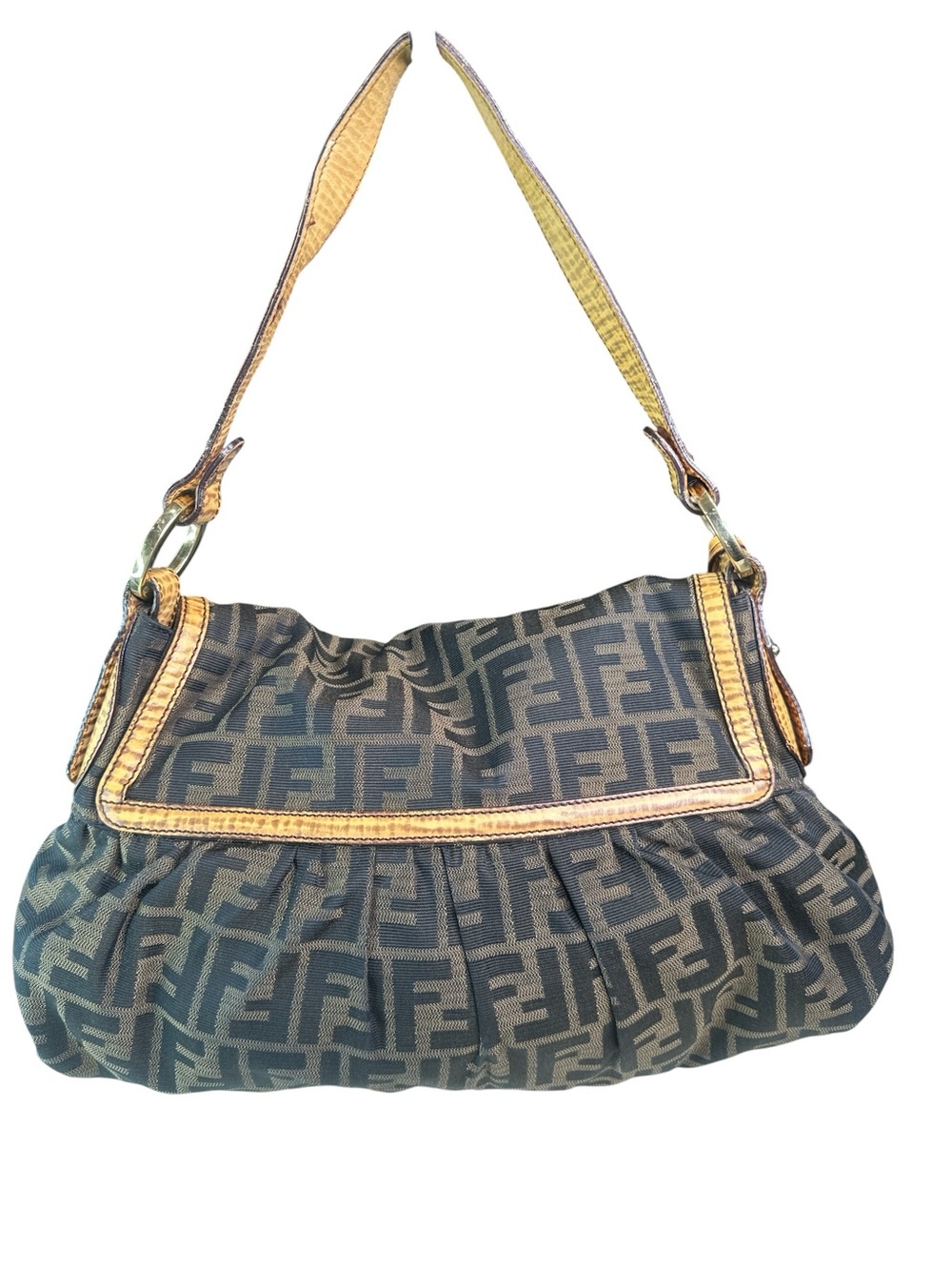 Fendi Limited Edition Black/Brown Zucca Canvas Shoulder Bag with Tan Trim